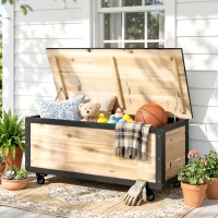 Outsunny Baúl de Exterior de Madera con 4 Ruedas para Jardín Patio Balcón 100x50x43 cm Natural y Negro(m-2)