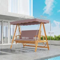 Outsunny Hollywoodschaukel mit Sonnendach, Echtholz-Gartenschaukel, Schaukelbank mit Liege-Funktion, für 3 Personen, Braun(m-3)