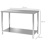 HOMCOM Mesa de Trabajo de Acero Inoxidable con 2 Estantes para Cocina Garaje Taller Carga 100 kg 120x60x86 cm Plata(m-3)