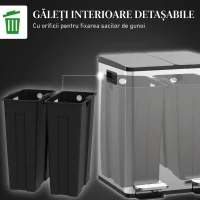 HOMCOM Coș de Gunoi cu 2 Compartimente de 20L cu Închidere Silențioasă, din Oțel Inoxidabil și PP, 45.8x36x51.6 cm(m-7)