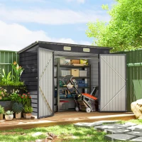 Outsunny Abrigo de Jardim 2,7m² 249x121x183 cm Abrigo de Exterior com Porta Dupla 2 Ventilaç4oes e Trava Abrigo para Pátio Cinza(m-10)