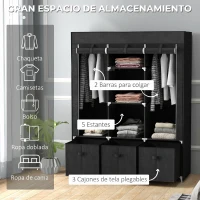 HOMCOM Armario de Tela Armario Ropero con 2 Barras 5 Estantes Abiertos 3 Cajones Cremallera Marco Acero 125x43x162,5 cm Negro(m-4)