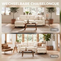 HOMCOM Ecksofa 192 cm L-Form 3-Sitzer Sofa mit umkehrbarer Chaiselongue, Cord-Optik, für kleinen Raum, Cremeweiß(m-4)