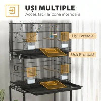 PawHut Cușcă pentru Păsări din Oțel și PP, Design Suprapus cu Stinghii, Leagăne și Scărițe, 77x46x164 cm, Negru(m-5)