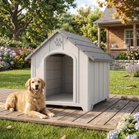 PawHut Caseta para Perros Exterior Casa para Perros Grandes de Plástico con 2 Ventanas Base Elevada Estacas Gris(m-8)