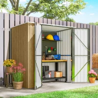 Outsunny Cobertizo de Jardín Exterior Metálico 1,37 m² 163x89x163 cm con Techo Inclinado, Puertas con Pestillo y Guantes Marrón(m-8)