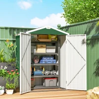 Outsunny Abrigo de Jardim Exterior 1,1 m² 133x87x178 cm com 2 Portas de Abrir, Telhado de Duas Águas e Luvas Verde(m-10)