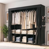 HOMCOM Dulap Textil Compact cu 5 Bare, 5 Rafturi, 6 Buzunare Laterale, Uși Anti-Praf cu Fermoar, Negru(m-10)