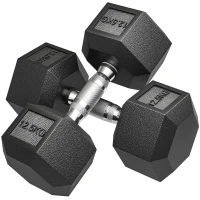 HOMCOM Set de 2 Mancuernas Hexagonales de 2 x 12,5 kg de Hierro Fundido Recubiertas en Goma para Entrenamiento en Casa Gimnasio(m-1)