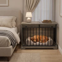 PawHut Jaula para Perros en Madera y Acero con Puerta Corredera, Mesa Auxiliar, Caseta Moderna, 100x60x68cm, Gris-Marrón Claro(m-5)