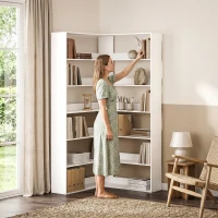 HOMCOM Bücherregal mit 7 Ebenen, L-förmiges Eckrega mit rutschfestem Rückenschutz, Weiß mit Holzoptik(m-8)