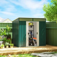 Outsunny Abrigo de Jardim 2 m² 195x122x181,5 cm Abrigo de Armazenamento Metálico com Porta de Correr e 2 Janelas Verde(m-10)