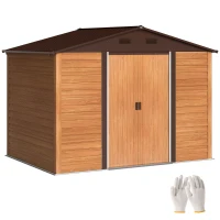 Outsunny Magazie de Grădină din Oțel cu Efect Lemn și Uși Duble Culisante, 278x195x215 cm, Maro(m-11)
