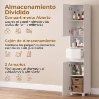 HOMCOM Armario Alto de Baño Mueble de Baño Estrecho Alto Brillo con Cajón Compartimento Abierto y Estantes Ajustables Blanco(m-4)