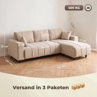 HOMCOM L-vormige hoekbank met flexibele chaise longue, 3-zitsbank met 2 kussens, metalen frame, voor woonkamer, Beige(m-3)