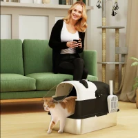 PawHut Caixa de Areia para Gatos Grandes XL em Aço Inoxidável com Tampa Rebatível, Pá e Desodorizante, Panda, Preto(m-10)