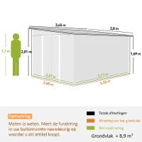 Outsunny Metalen Tuinschuur Metaal, Met Dubbele Vergrendelbare Deuren, 2,8x3,45x2,01m, Grijs(m-3)