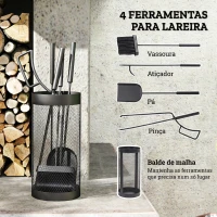 Outsunny Conjunto para Lareira de 5 Peças em Metal com Escova, Pá, Tenaz, Atiçador e Suporte Ø16 x 33,5 cm Preto(m-4)