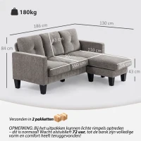 HOMCOM Hoekbank, Hoek-couch met omkeerbare chaiselongue, L-vormige bank, Bekleding in linnenlook, 186 x 130 x 84 cm, Bruin(m-3)