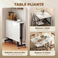 HOMCOM Table à Manger Pliante sur Roulettes pour 4-6 Personnes 120 cm, Roues avec Freins, 2 Abattants, Industriel, Blanc Noir(m-5)