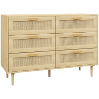 HOMCOM Cómoda para Dormitorio con 6 Cajones con Frontal de Ratán Patas de Madera Cajonera Estilo Bohemio 110x40x75 cm Roble