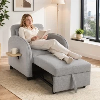 HOMCOM Cadeirão-Cama Convertível 3 em 1, Sofá-Cama Individual com Mesa Lateral Rebatível e Encosto Ajustável, Cinzento(m-2)