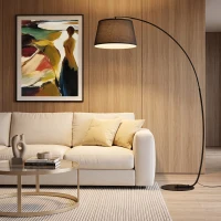 HOMCOM Stehlampe, Gebogene Stehleuchte mit Stoffschirm, Bodenlampe mit runder Basis, Metall, 105L x 47B x 190H cm, Schwarz(m-6)