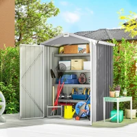 Outsunny Cobertizo de Jardín Exterior 1,1 m² 133x87x178 cm con 2 Puertas Abatibles Techo a Dos Aguas y Guantes Gris Plateado(m-2)