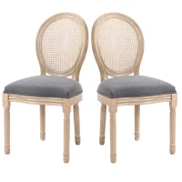 HOMCOM Set di 2 Sedie Sala da Pranzo in Tessuto Effetto Lino con Schienale in Rattan Traforato, Gambe in Legno, Grigio(m-11)