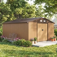 Outsunny Caseta de Jardim Exterior, 12,4 m² 340x386x200 cm Abrigo de Jardim Metálico com Portas Duplas com Fechadura, Kit de Fundação e Ventilação para Armazenamento de Bicicletas, Cor Ocre Escuro(m-9)
