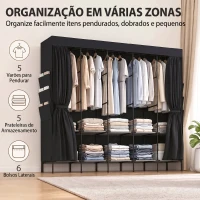 HOMCOM Roupeiro de Tecido com 5 Barras 5 Prateleiras 6 Bolsos Laterais Fecho de Correr Estrutura em Aço 212x45x167 cm Preto(m-4)