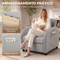 HOMCOM Cadeirão-Cama Convertível 3 em 1, Sofá-Cama Individual com Mesa Lateral Rebatível e Encosto Ajustável, Cinzento(m-7)
