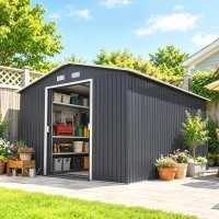 Outsunny Cobertizo de Jardín 8,3 m² 277x322x192 cm con 2 Puertas Corredizas Base Refuerzo (Suelo NO Incluido) Gris(m-8)