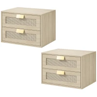 HOMCOM Conjunto de 2 Mesinhas de Cabeceira Suspensas com 2 Gavetas e Frente em Rotim Natural para Quarto 40x30x27,6 cm Carvalho(m-11)