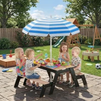 AIYAPLAY Table de pique-nique enfants avec parasol, 3 en 1 salon de jardin en bois pour enfants 3-6 ans avec 2 boîtes, naturel(m-11)