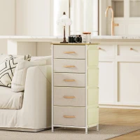 HOMCOM Schlafzimmer-Kommode mit 5 Stoffschubladen, Stahlstreben, Holzoberfläche, 4 Aufbewahrungstaschen, 2 Haken, Beige(m-9)