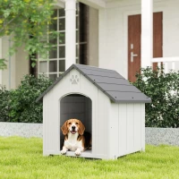 PawHut Casota para Cães de Exterior Casa para Cães Grandes de Plástico com 2 Janelas Base Elevada Estacas Cinzento(m-10)