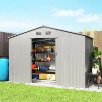 Outsunny Cobertizo de Jardín Exterior 4,9 m² 277x195x192 cm con Puerta Corredera Ventilación y Kit de Fundación Gris(m-10)