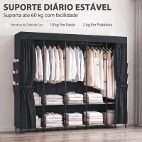 HOMCOM Roupeiro de Tecido com 5 Barras 5 Prateleiras 6 Bolsos Laterais Fecho de Correr Estrutura em Aço 212x45x167 cm Preto(m-6)