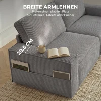 HOMCOM 218 cm brede 3-zitsbank, moderne corduroy-bank met pocketveren, brede armleuningen en 2 kussens, lichtgrijs(m-5)