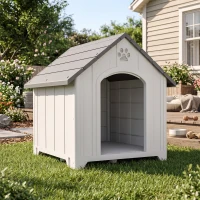 PawHut Caseta para Perros Exterior Casa para Perros Grandes de Plástico con 2 Ventanas Base Elevada Estacas Gris(m-9)