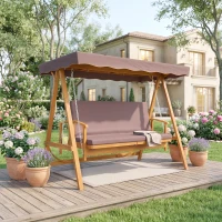 Outsunny Hollywoodschaukel mit Sonnendach, Echtholz-Gartenschaukel, Schaukelbank mit Liege-Funktion, für 3 Personen, Braun(m-2)