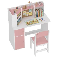 AIYAPLAY Escritorio Infantil con Silla Soporte Ajustable para Tablet Portalápices Tablero de Corcho Estantes Armarios Rosa(m-17)