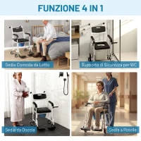 HOMCOM Sedia a Rotelle con WC Impermeabile 4 in 1 con Poggiapiedi Ribaltabili, in Alluminio e Plastica, Nero(m-3)