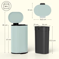 HOMCOM Mülleimer Küche 30 Liter Treteimer mit Soft-Close-Deckel, Pedal aus Metall, Grün, 36,5 X 31 x 61 cm(m-3)