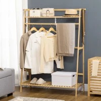 HOMCOM Perchero de Pie de Madera de Bambú para Ropa con 2 Estantes 2 Ganchos y Barra para Colgar 114x40x139 cm Natural(m-10)