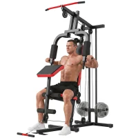 SPORTNOW Station de Musculation Multifonction à Disques Libres, avec Banc Amovible, 136x107x205cm, Noir et Rouge(m-17)