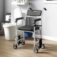 HOMCOM Chaise percée adulte à roulettes, chaise percée de douche avec repose-pieds, dossier et accoudoirs, 53x97x97cm, noir(m-11)