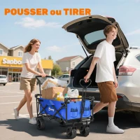 Outsunny Chariot de Transport Pliable Tout Terrain 180 L, Poignée Télescopique Pousser-Tirer 2 en 1, Auvent Amovible, Bleu(m-5)