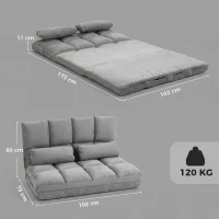 HOMCOM Chauffeuse 2 places canapé-lit convertible fauteuil de sol pliable dossier réglable 2 coussins inclus en polyester aspect suédé, pour salon, chambre et bureau, gris(m-3)